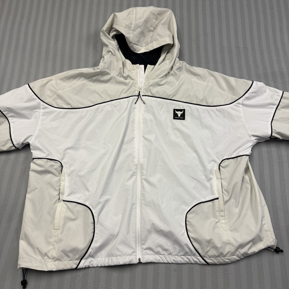 Under‎ Armour Project Rock Jacket Mens 2XL Hooded Windbreaker Tear By Left Elbow